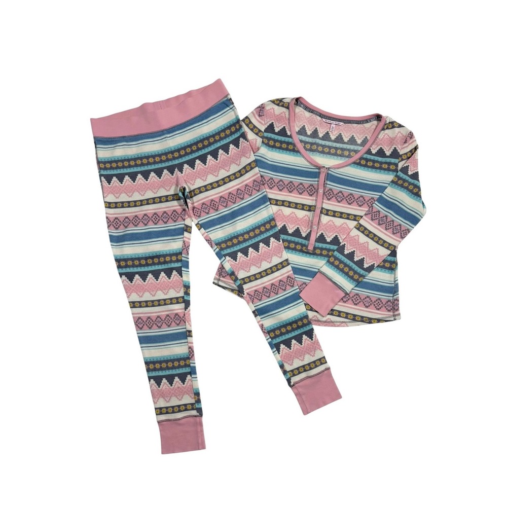 Victoria's Secret Pink Blue Fair Isle Waffle Thermal Henley Pajama Set Medium